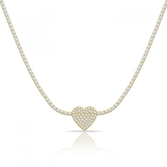 Sterling Silver Yellow Gold Plated Heart Tennis Choker Necklace With CZ