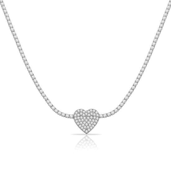 Sterling Silver Rhodium Plated Heart Tennis Choker Necklace With CZ