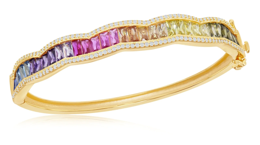 925 Sterling Silver Yellow Gold Plated Baguette Rainbow CZ Bangle