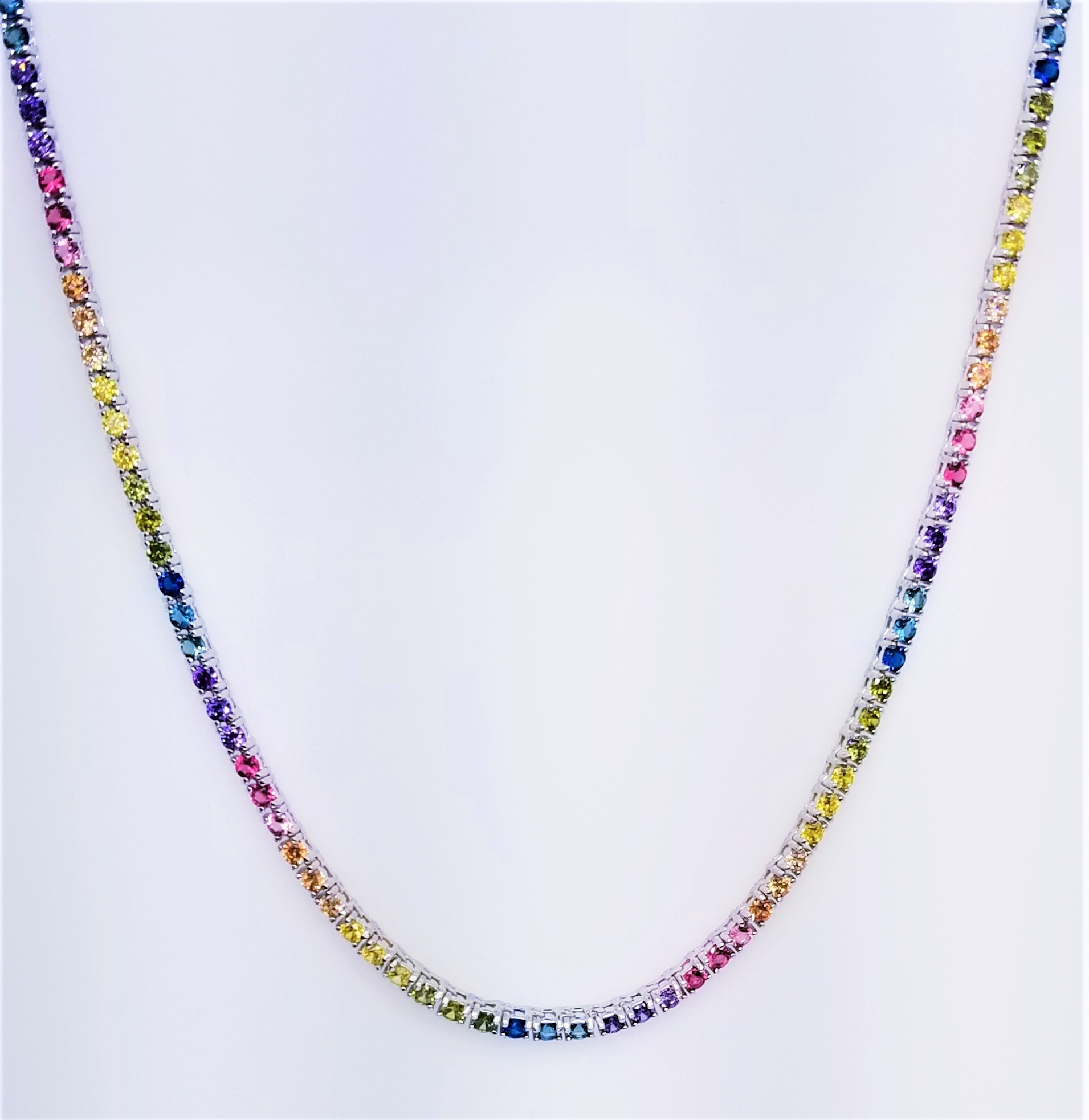 925 Sterling Silver 16" Long Round Cut Multicolor Rainbow Cubic Zirconia Tennis Necklace