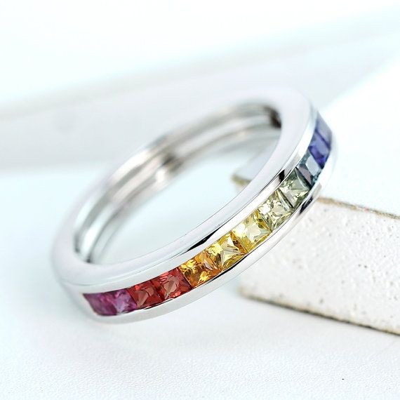 925 Sterling Silver Rainbow Multi Color Cubic Zirconia Eternity Band 