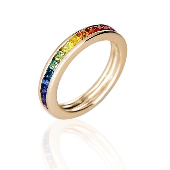 925 Sterling Silver Yellow Gold Plated Rainbow Multi Color Cubic Zirconia Eternity Band 