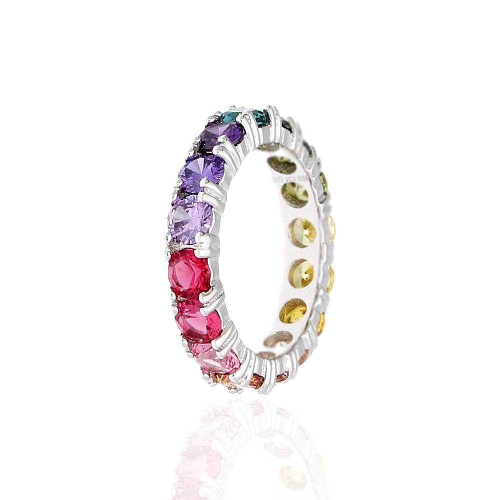 925 Sterling Silver Round Cut Rainbow Multi Color Cubic Zirconia Eternity Band 