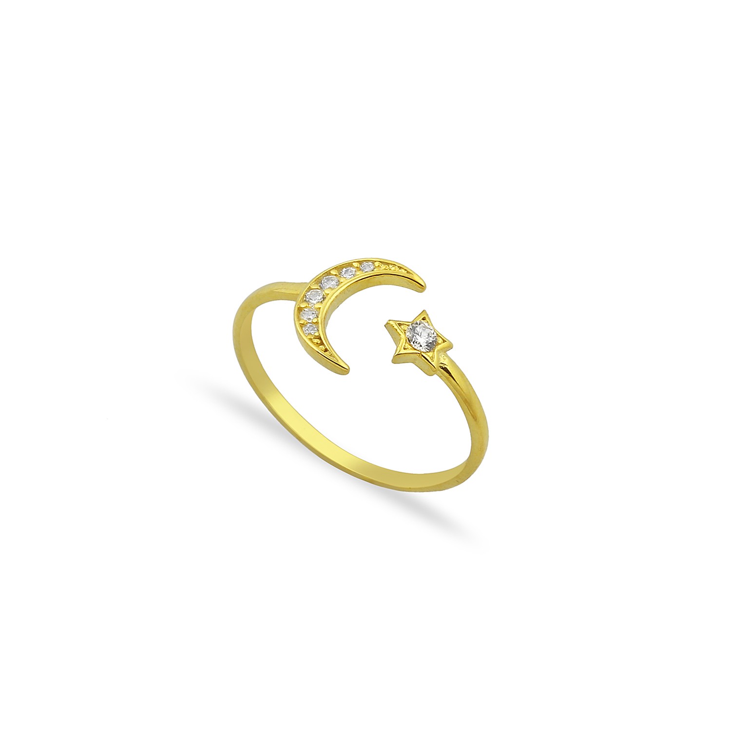 Sterling Silver Yellow Gold Plated Star & Moon Ring With CZ