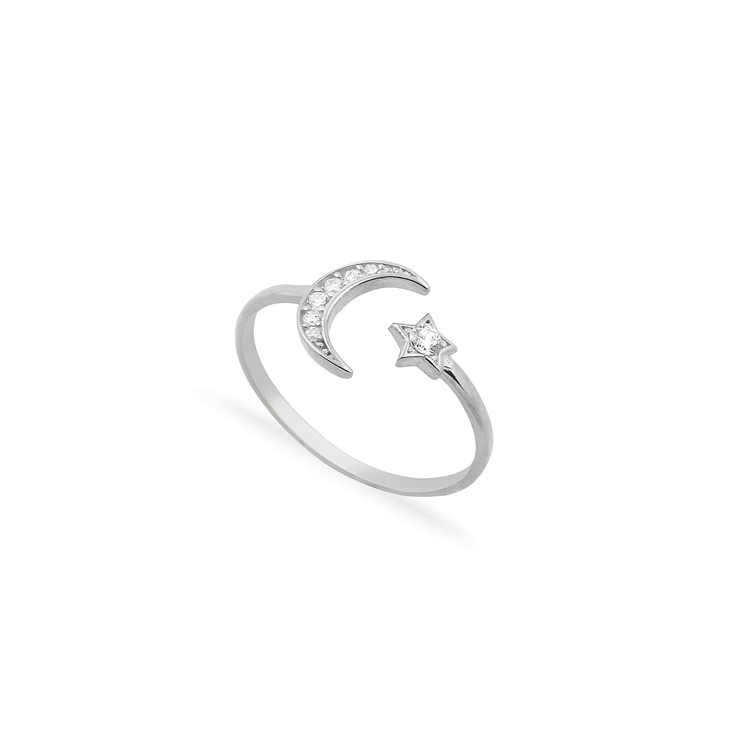 Sterling Silver Rhodium Plated Star & Moon Ring With CZ