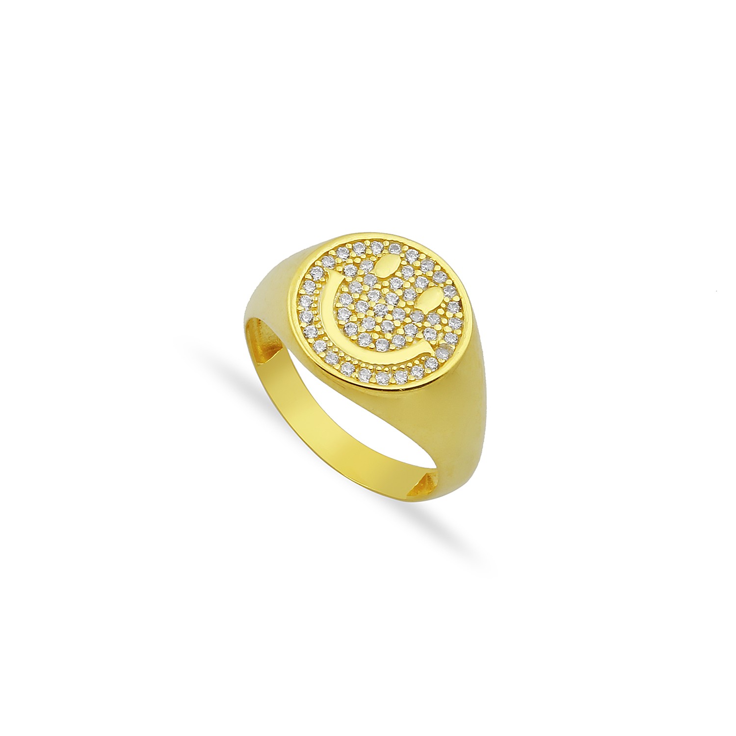 Sterling Silver Yellow Gold Plated Pave Smiley Face Ring With Cubic Zirconia