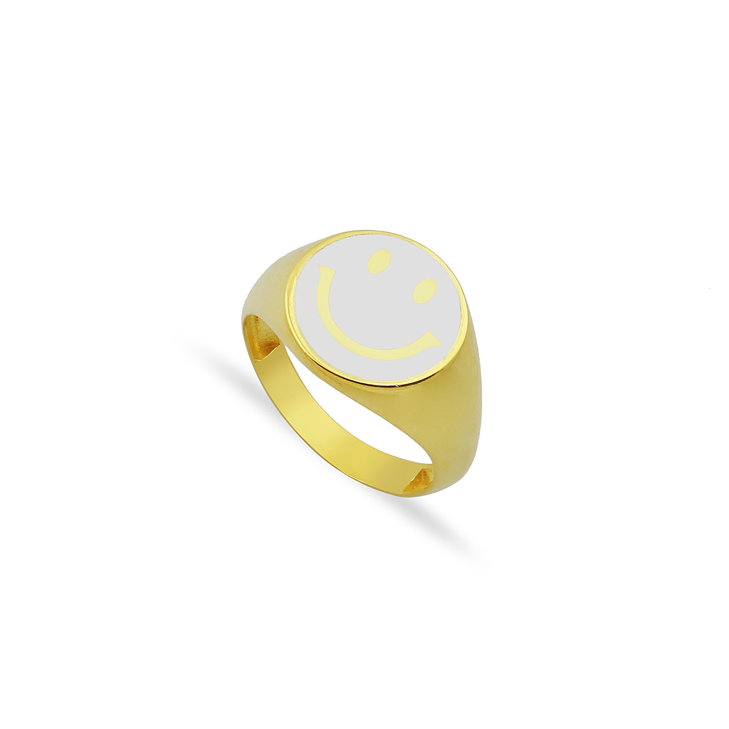 Sterling Silver Yellow Gold Plated White Enamel Smiley Face Ring