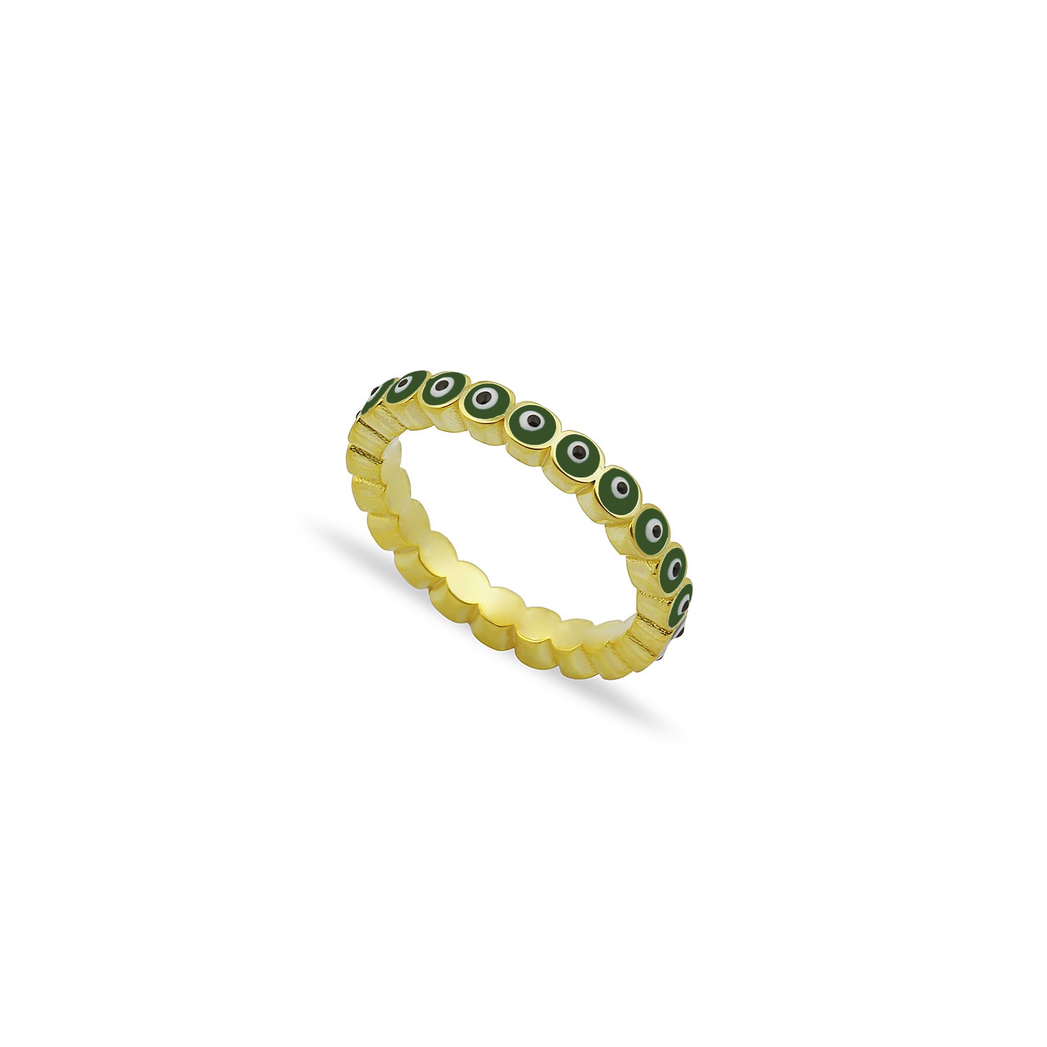 Sterling Silver Yellow Gold Plated Evil Eye Rings With Green Enamel