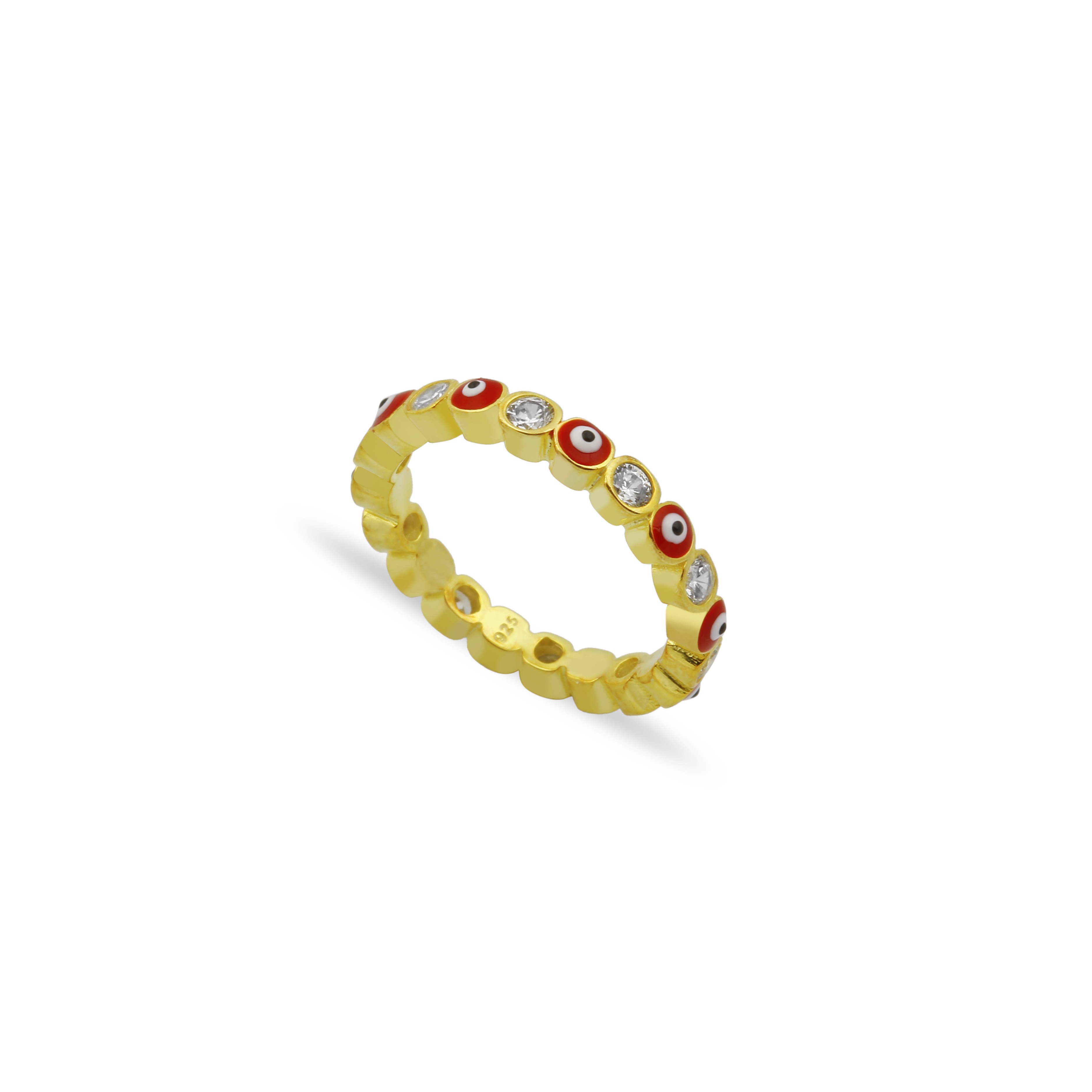 Sterling Silver Yellow Gold Plated Evil Eye Rings With Red Enamel & CZ