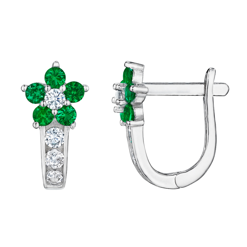 925 Sterling Silver Flower Emerald Huggies Earrings