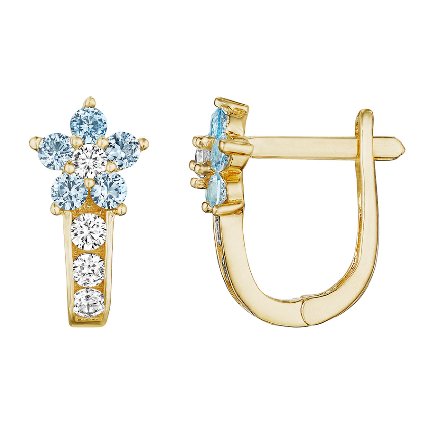 925 Sterling Silver Yellow Gold Plated Blue Topaz Flower CZ Huggies Earrings