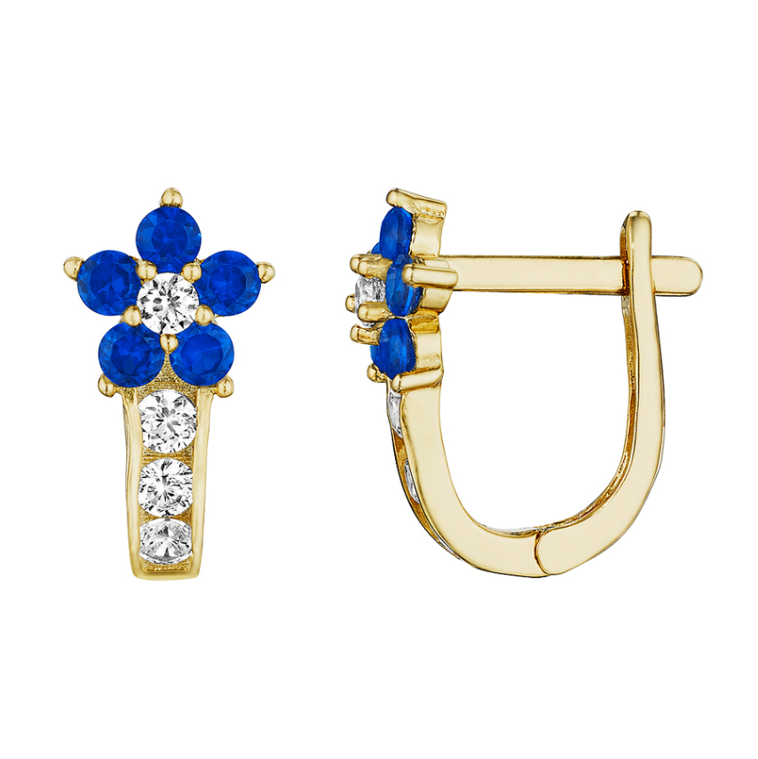 925 Sterling Silver Yellow Gold Plated Sapphire Flower CZ Huggies Earrings