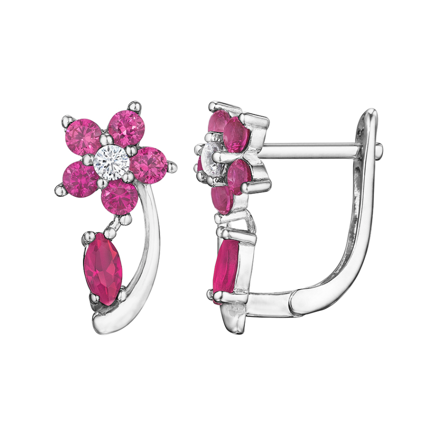925 Sterling Silver Rhodium Plated Flower Ruby Huggies Earrings
