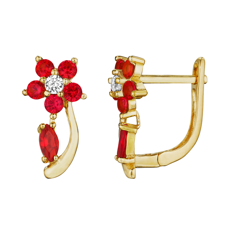 925 Sterling Silver Yellow Gold Plated Flower Red Topaz Huggies Earrings
