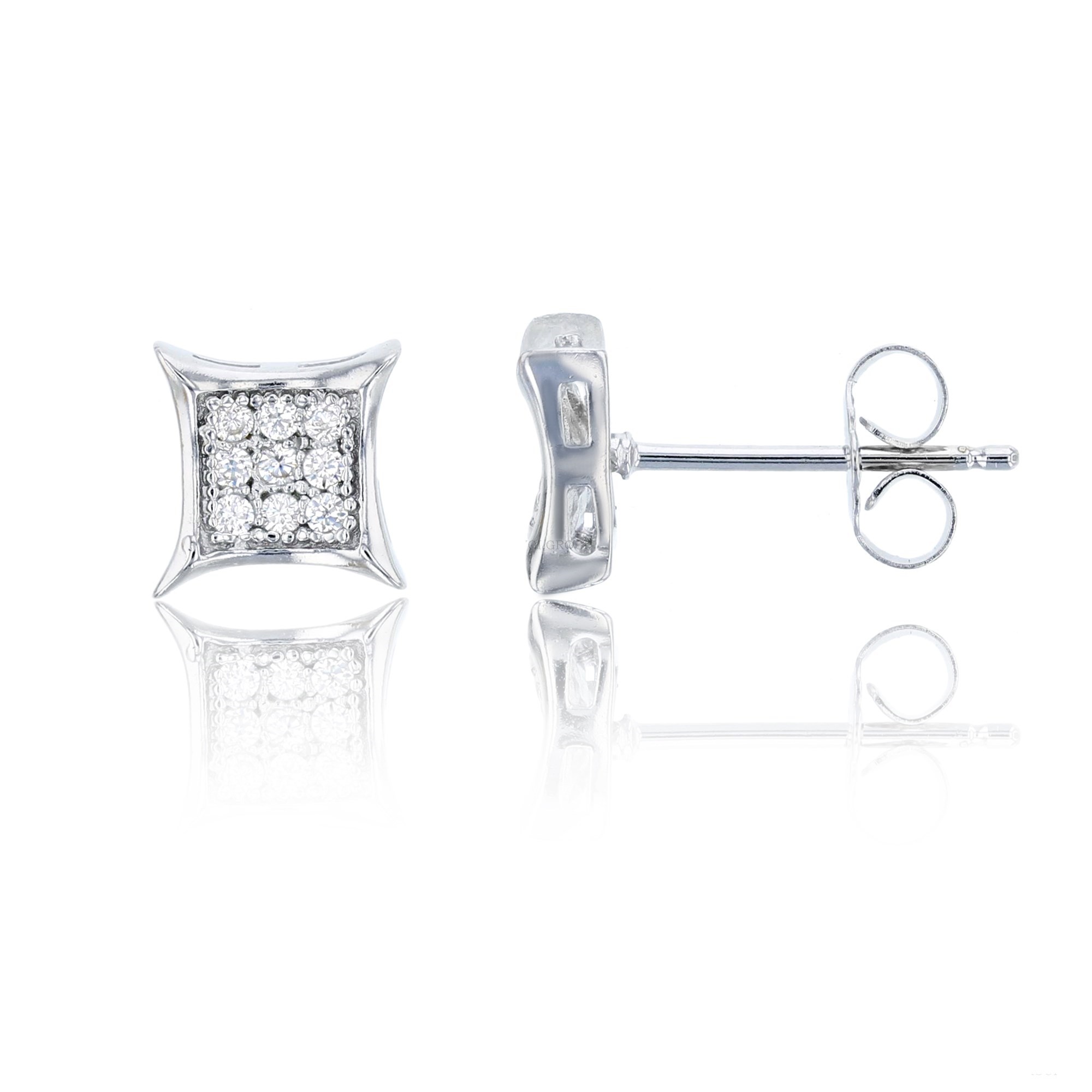 Sterling Silver 3x3 Curved Square Stud Rhodium Plated With CZ