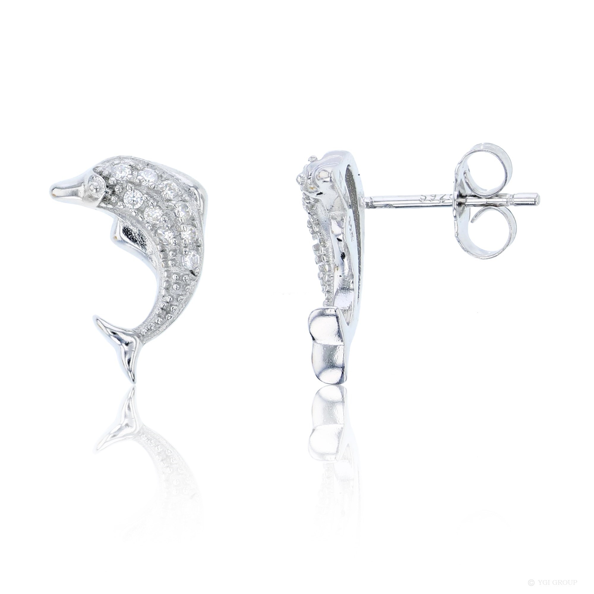 Sterling Silver Rhodium Plated Micropave Dolphin Stud Earrings With CZ