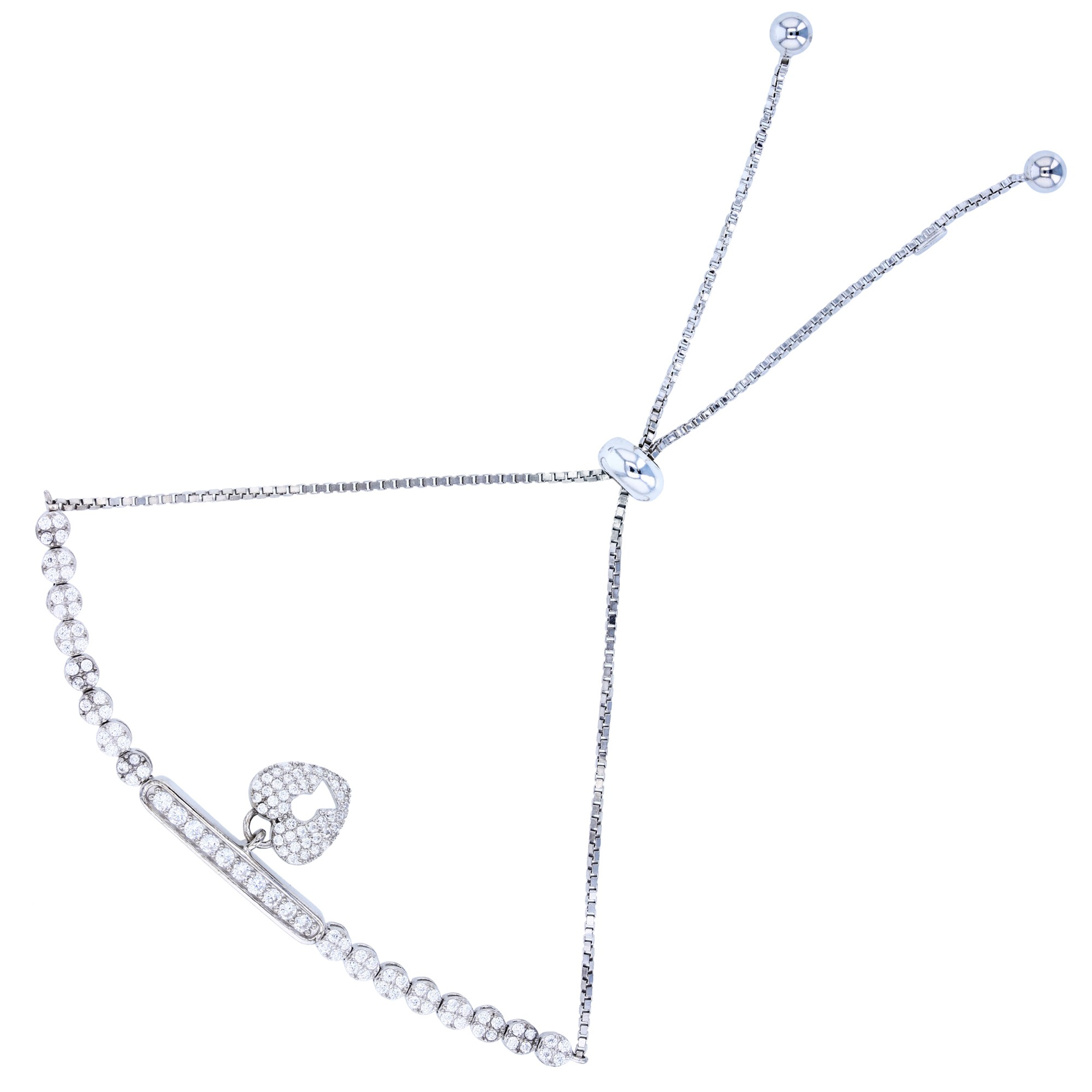 Sterling Silver Rhodium Plated Adjustable Bolo Bracelet Bar & Heart Design With Cubic Zirconia