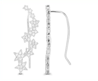 Sterling Silver Rhodium Plated Star Fall Fish Hook Ear Crawler Earrings With Cubic Zirconia 