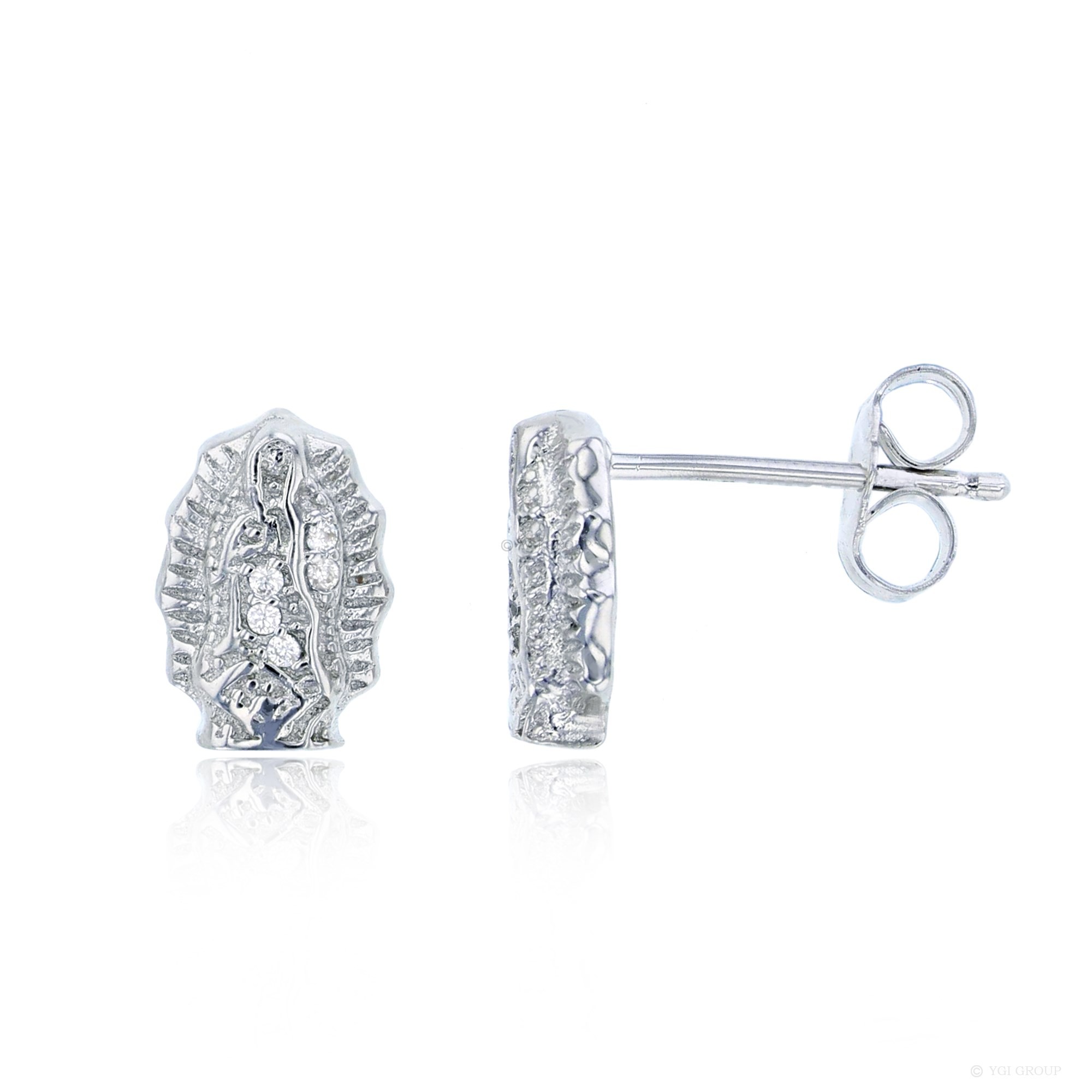 Sterling Silver Rhodium Plated Micropave Virgin Mary Stud Earring With CZ