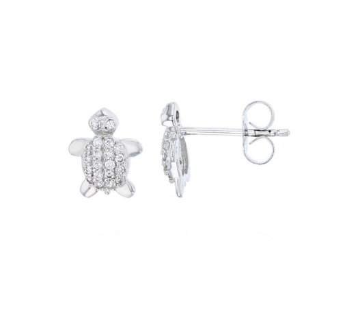 Sterling Silver Rhodium Plated Micropave Turtle Stud Earrings With CZ