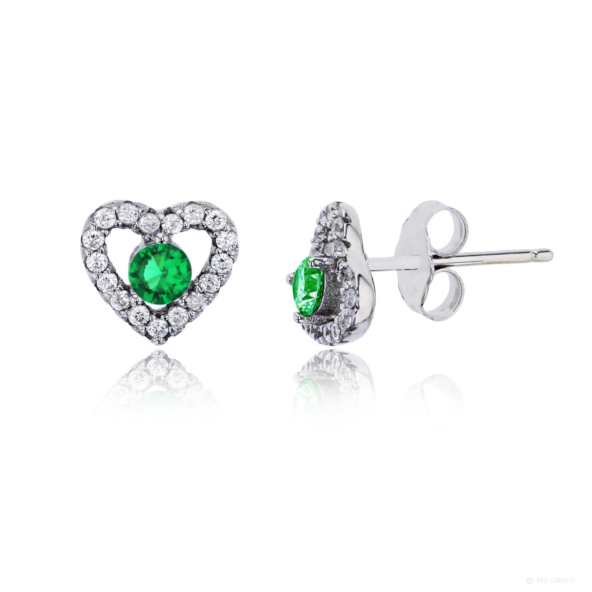 Sterling Silver Rhodium 3.50mm Emerald Rd Cut Center Heart Stud Earring