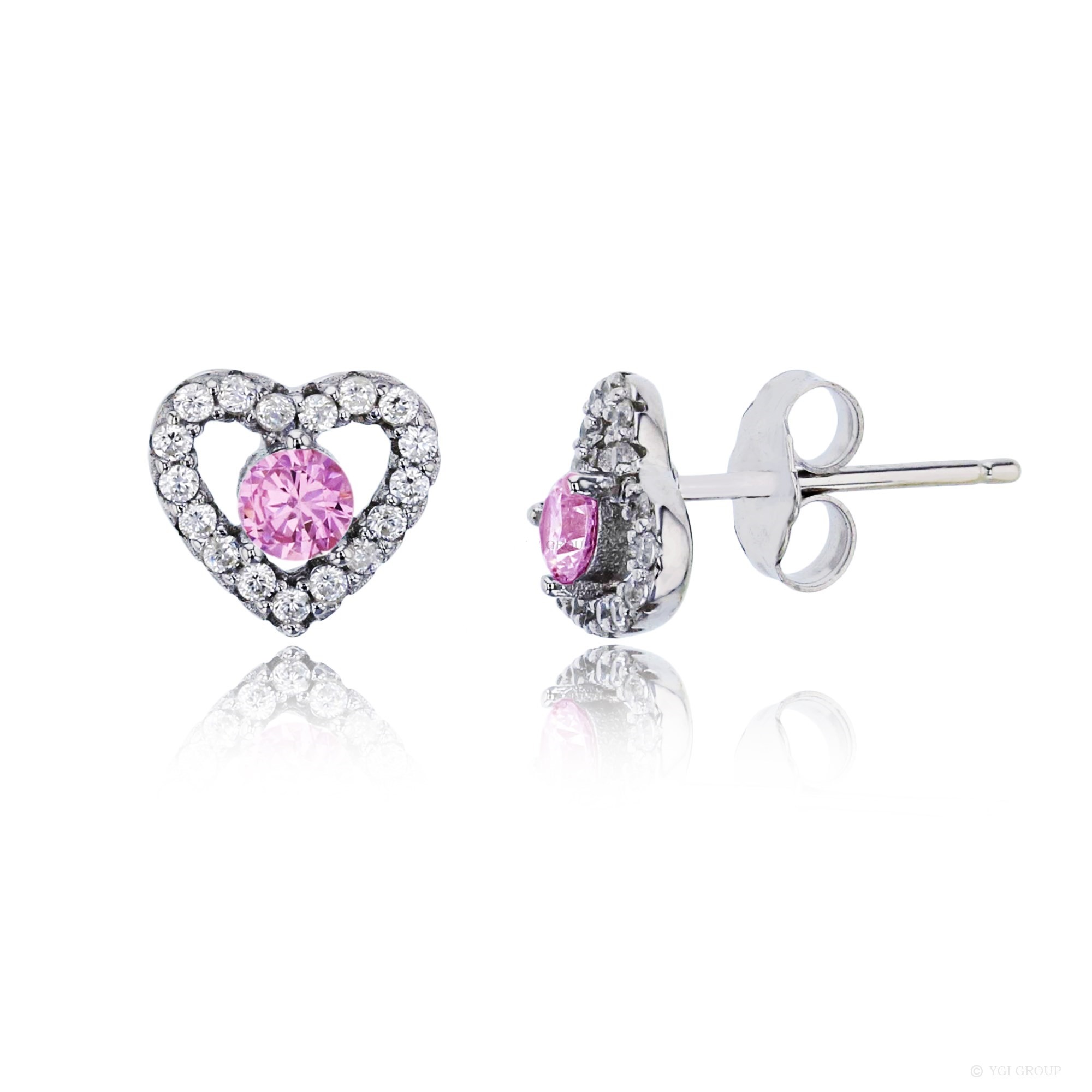 Sterling Silver Rhodium 3.50mm Pink Rd Cut Center Heart Stud Earring