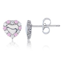 Sterling Silver Rhodium Plated Polished Heart Stud Earrings With Pave Pink & White Cubic Zirconia Frame