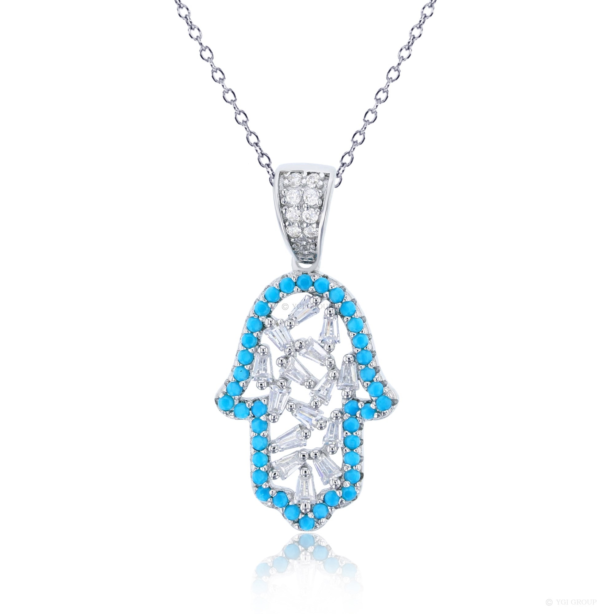 Sterling Silver Rhodium Plated Sky Blue & White CZ Hamsa 18" Necklace