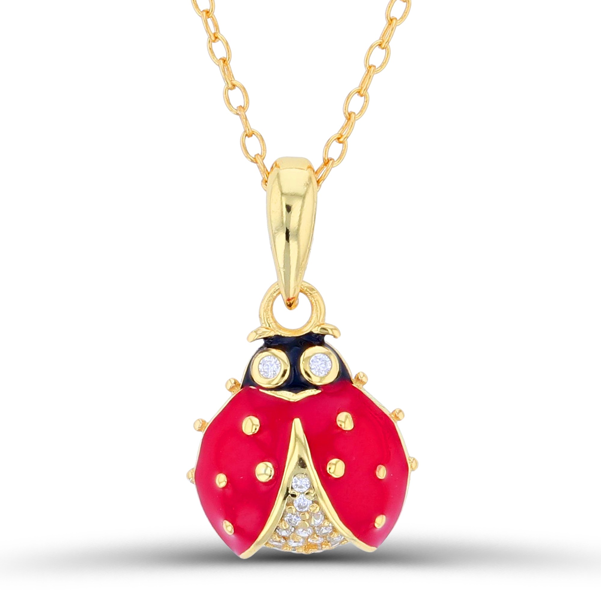 Sterling Silver Yellow Gold Plated Lady Bug Necklace With Enamel & Cubic Zirconia 16"+2"