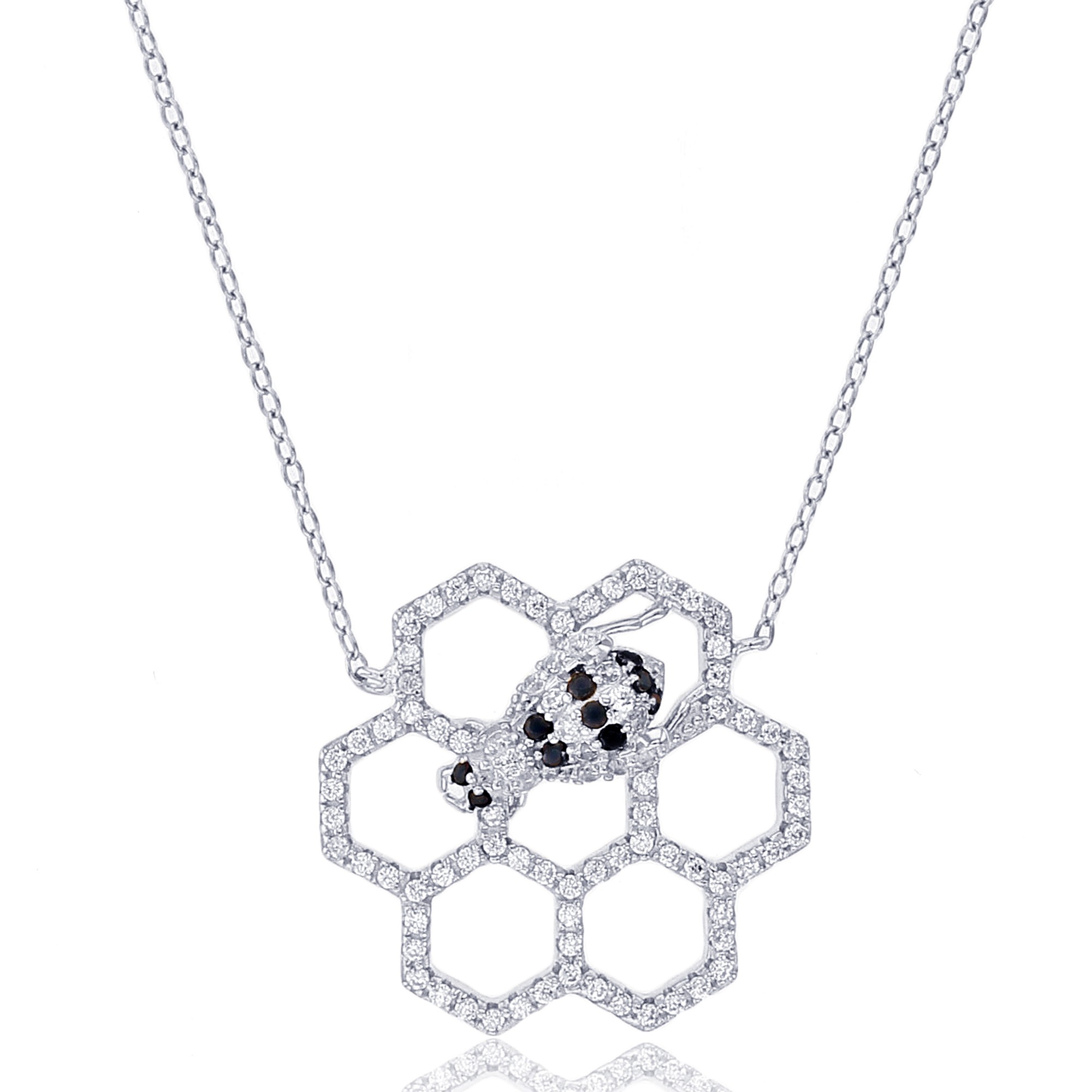 Sterling Silver Rhodium Plated Honeycomb Bee Necklace With White/Black/Yellow Cubic Zirconia