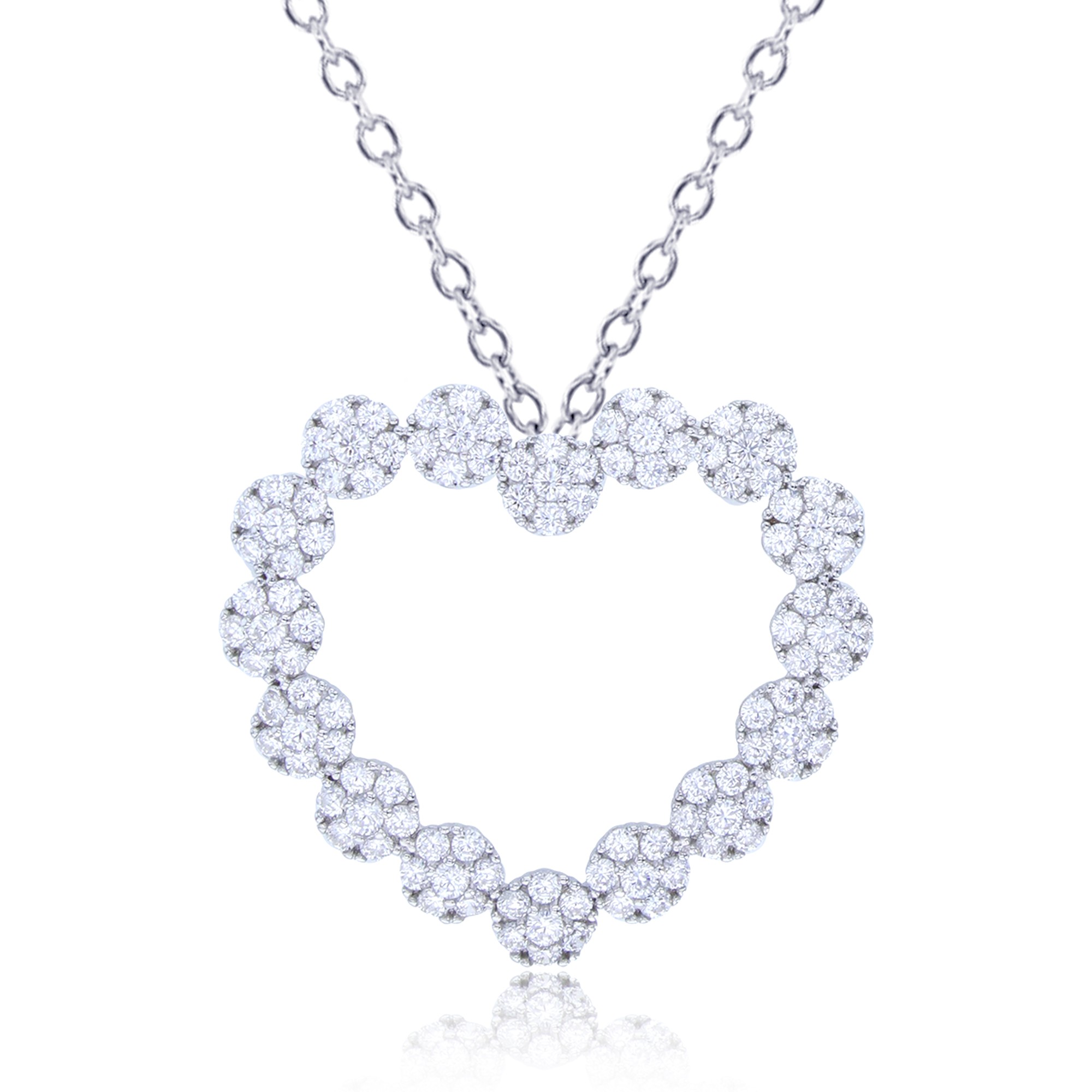 Sterling Silver Rhodium Plated Flower Heart Necklace With Cubic Zirconia 18" Medium Size