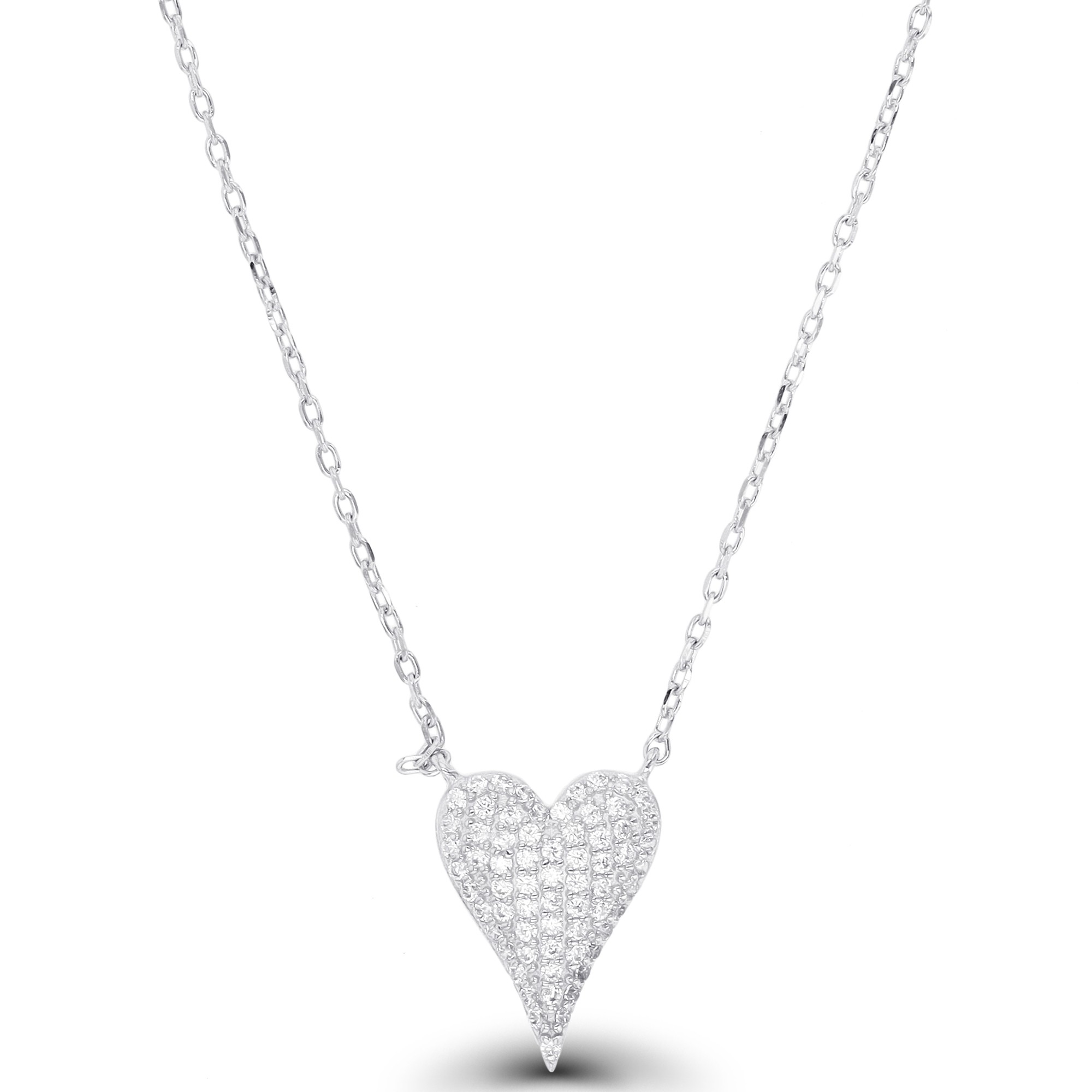 Sterling Silver Rhodium Plated Micropave Heart Necklace With Cubic Zirconia 18"+2"
