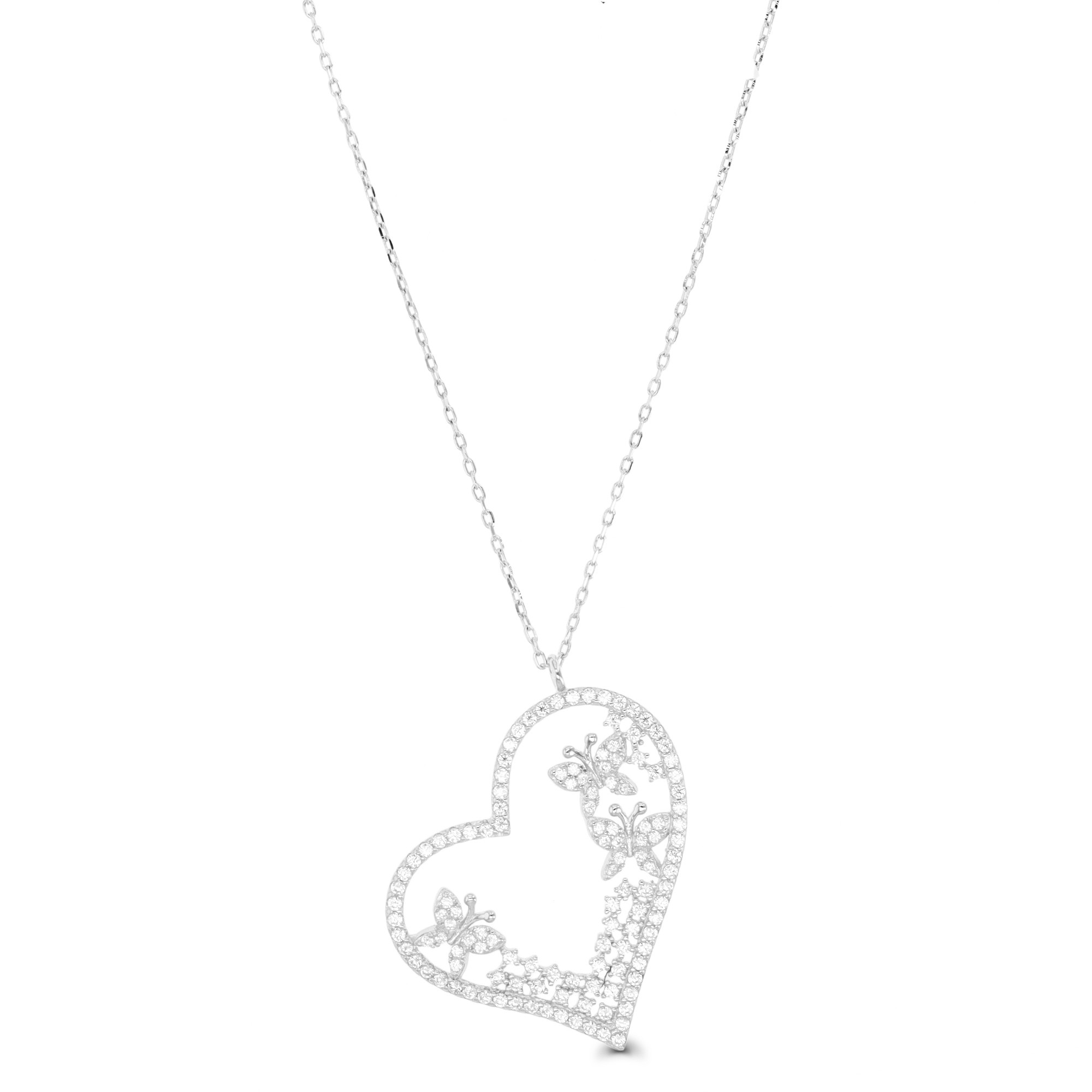 Sterling Silver Rhodium Plated Heart & Butterfly Necklace With Cubic Zirconia 18"+2"