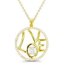 Sterling Silver Yellow Gold Plated Polished "LOVE" Halo Necklace With Cubic Zirconia 18"