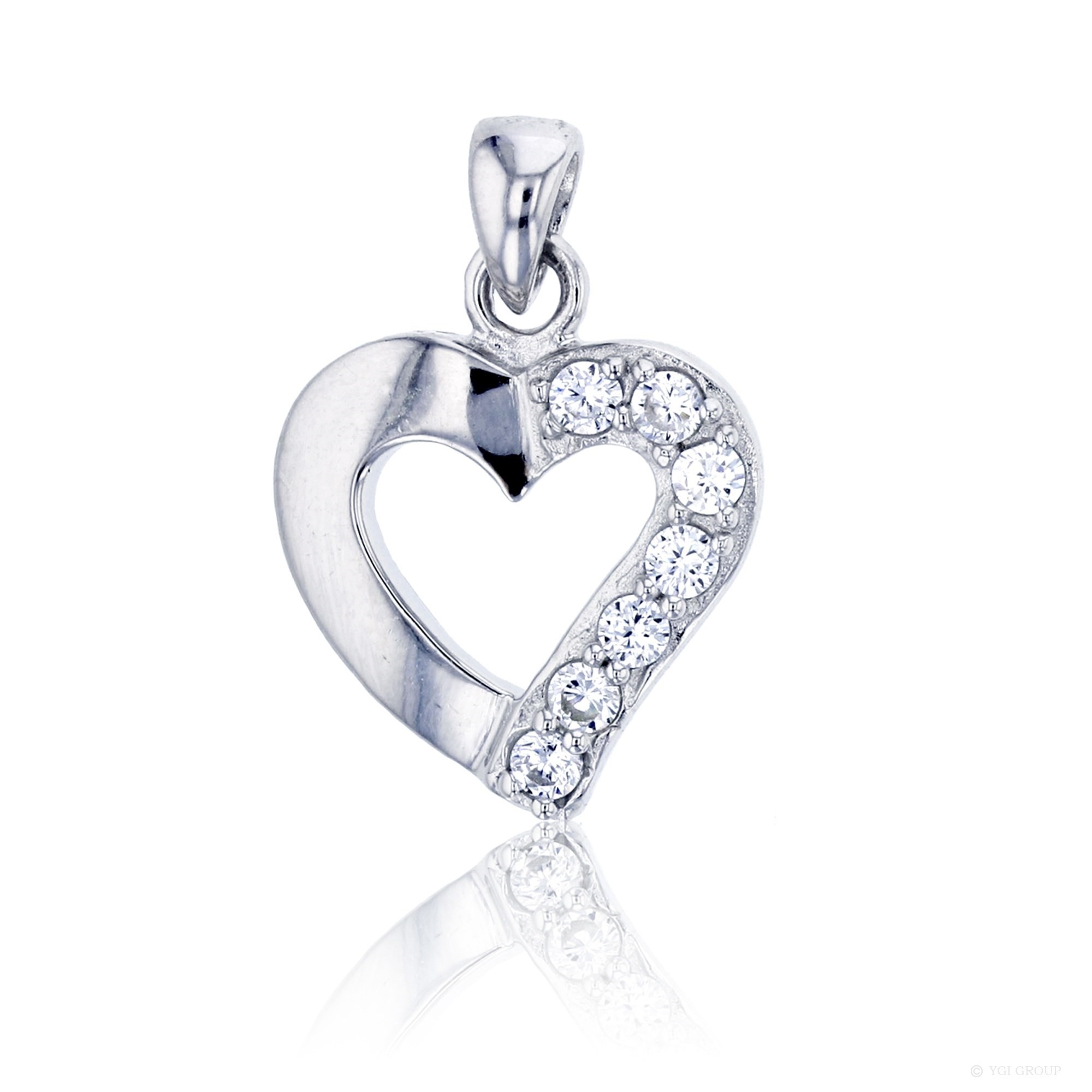 Sterling Silver Rhodium 22x15mm Half Polished and Half Pave Heart Pendant