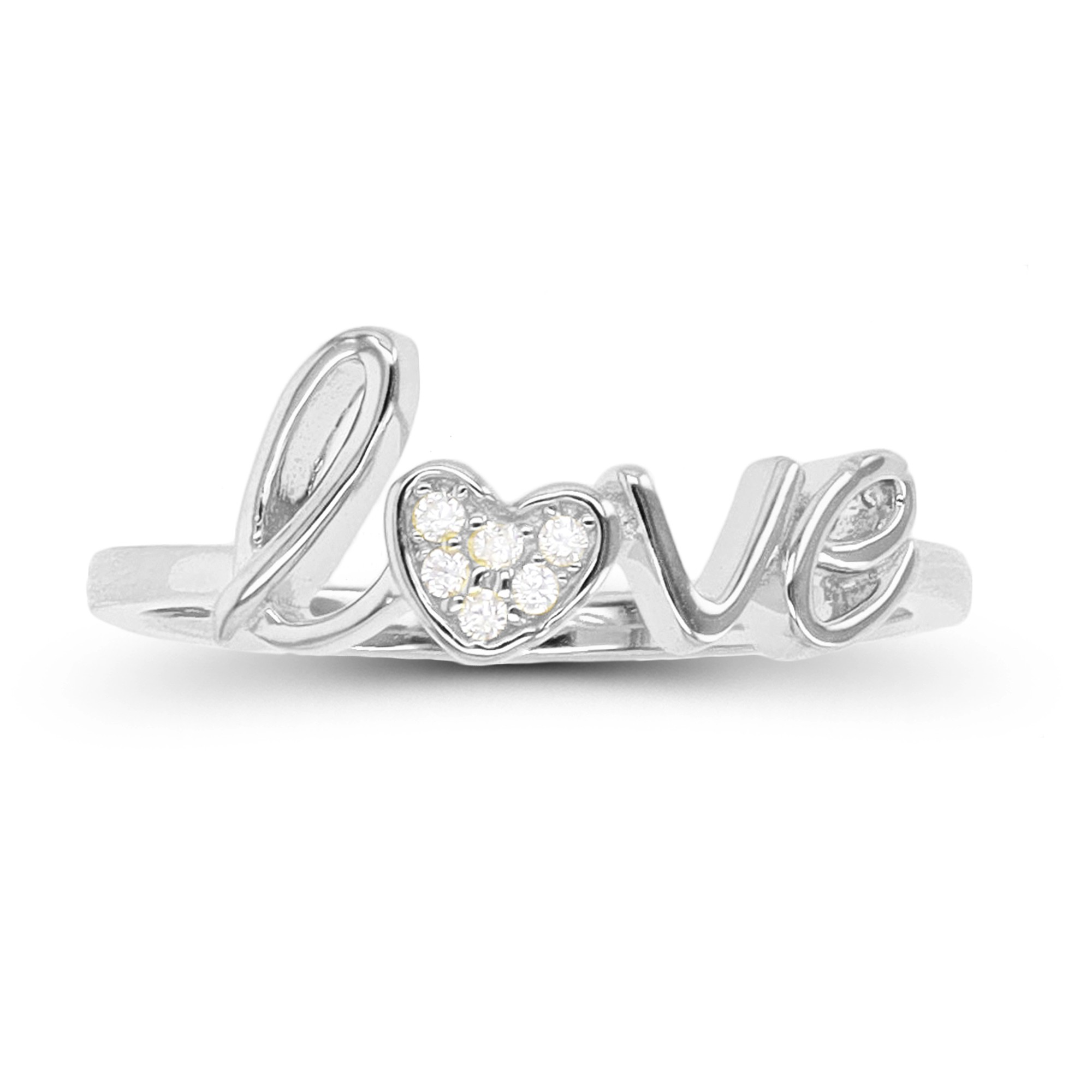 Sterling Silver Rhodium Plated Love Dainty Ring With Cubic Zirconia