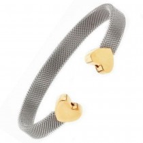 Stainless Steel Ladies Bracelet White & Gold Plated Mesh Style With Heart Polished