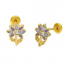 Gold Filled Stud Earring Flower Design Pink Enamel Finish Golden Tone
