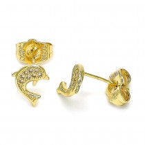 Gold Filled Stud Earrings Dolphin Design With Micro Pave Golden Tone
