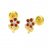 Gold Filled Stud Earring Flower Design Red Enamel Finish Golden Tone