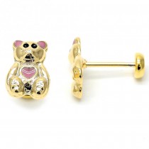 Gold Filled Stud Earring Teddy Bear Design Pink Enamel Finish Golden Tone