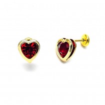 Gold Filled Stud Earring Heart and Love Design With Orange Red Crystal Polished Finish Golden Tone