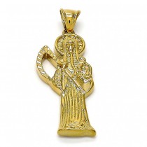 Gold Finish Religious Pendant Santa Muerte Design Polished Golden Tone