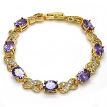 Gold Filled Tennis Bracelet Hugs and Kisses Design With Amethyst and White Cubic Zirconia Polished Finish Golden Tone