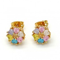 Gold Filled Stud Earring Flower and Heart Design Golden Tone With Multicolor Cubic Zirconia Polished Finish