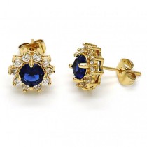 Gold Filled Stud Earring Flower Design Golden Tone With Blue Cubic Zirconia 