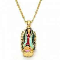 Gold Filled Fancy Necklace Guadalupe Design With Multicolor Enamel Finish Golden Tone