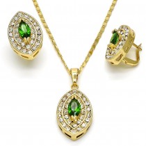 Gold Filled Earring and Pendant Set With Green Cubic Zirconia and White Crystal Polished Finish Golden Tone