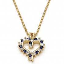Gold Filled Pendant Necklace Heart Design With Sapphire Blue Cubic Zirconia Golden Tone