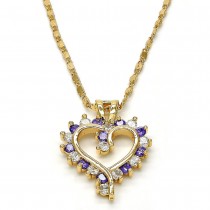 Gold Filled Pendant Necklace Heart Design With Amethyst Cubic Zirconia Golden Tone
